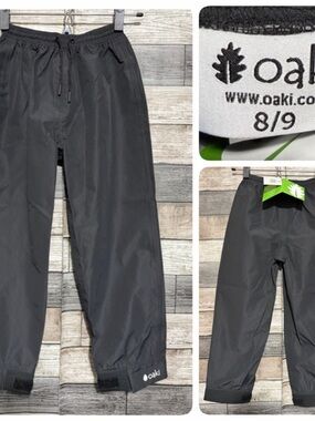 Oaki Rain Pants Kids Size 8/9 Black Drawstring (Inseam 21) Pull On